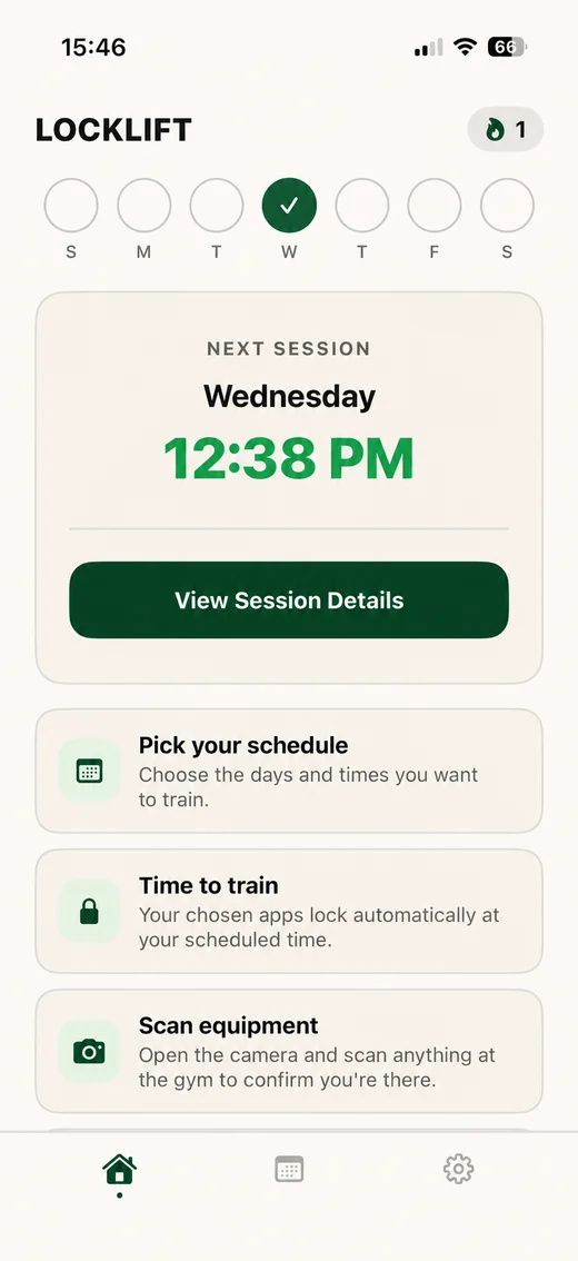 LockLift home dashboard screen showing the next scheduled training session.