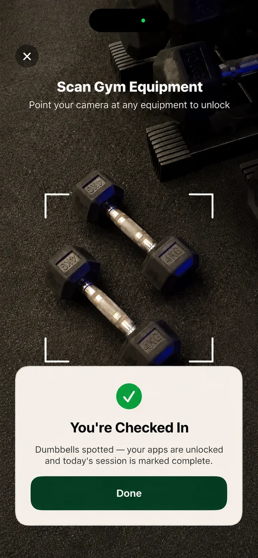 LockLift camera scan verification screen: dumbbells spotted, apps unlocked and today's session marked complete.